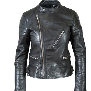 BLK DNM 100 % Leather Black Motorcycle Jacket With Silver Hardware.
